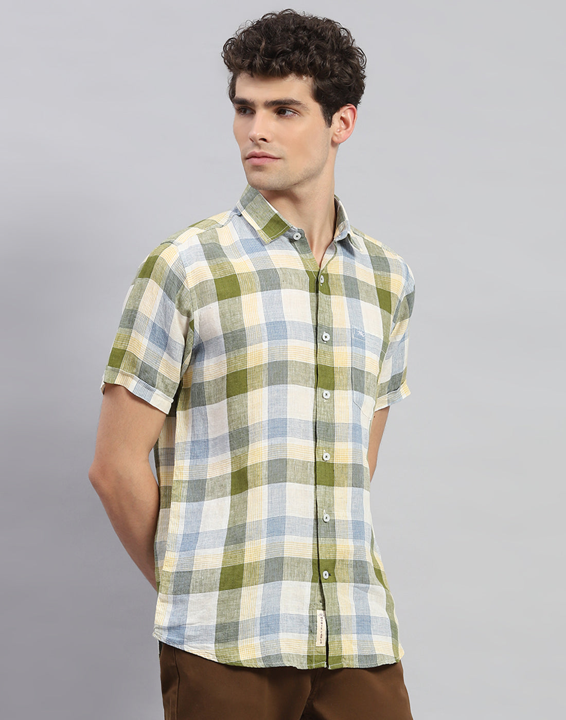 Men Olive Check Collar Neck Half Sleeve Linen Shirt