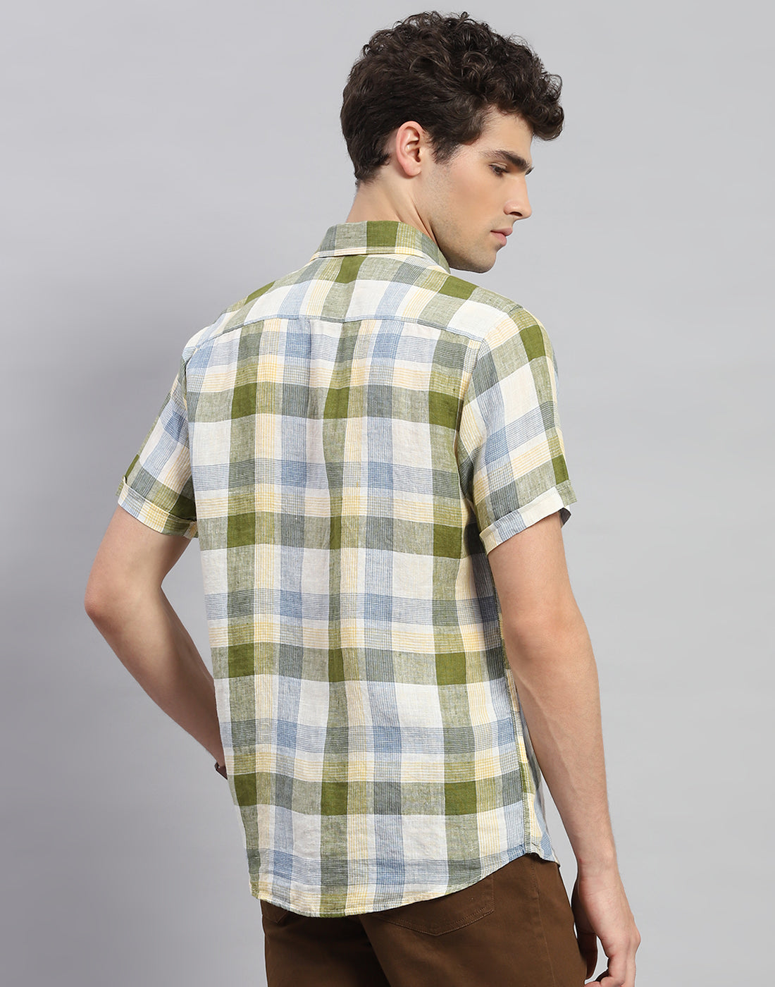Men Olive Check Collar Neck Half Sleeve Linen Shirt