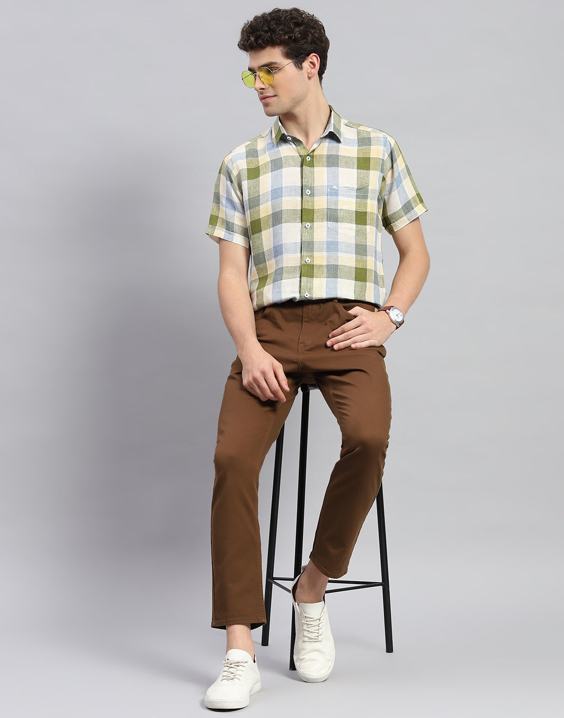 Men Olive Check Collar Neck Half Sleeve Linen Shirt