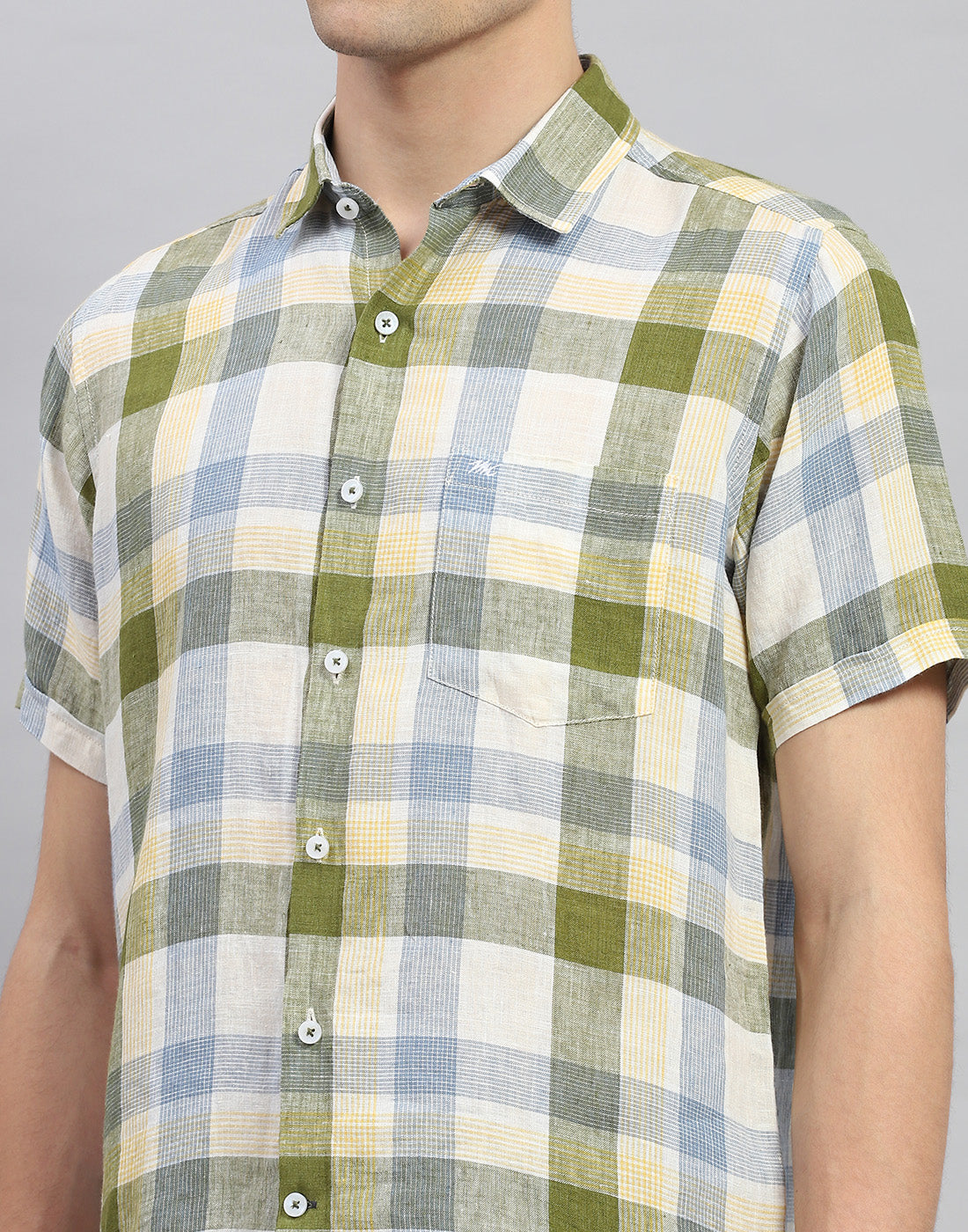 Men Olive Check Collar Neck Half Sleeve Linen Shirt