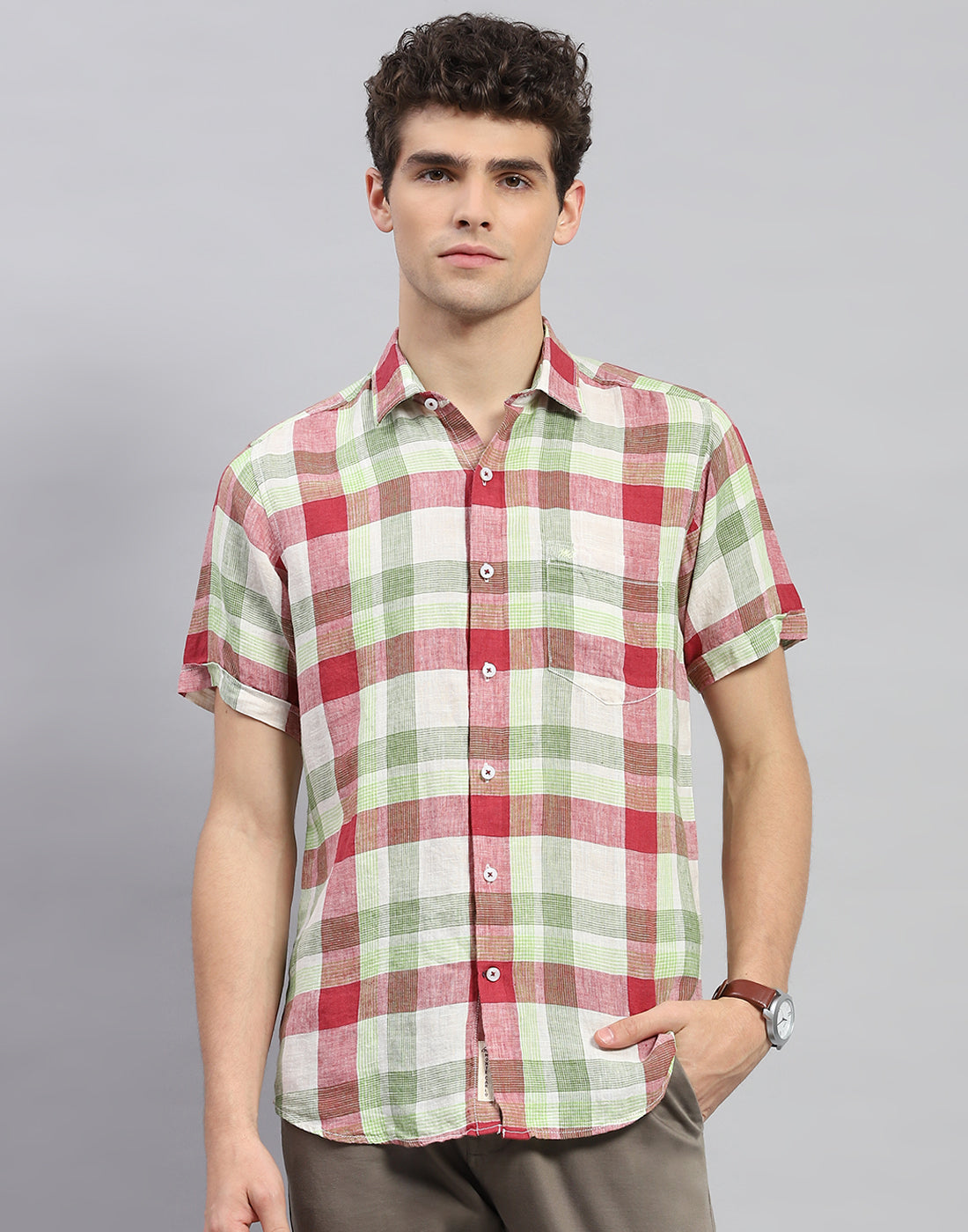 Men Red Check Collar Neck Half Sleeve Linen Shirt