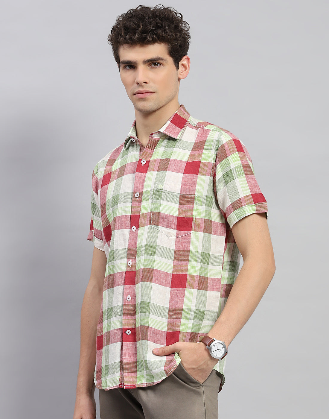 Men Red Check Collar Neck Half Sleeve Linen Shirt