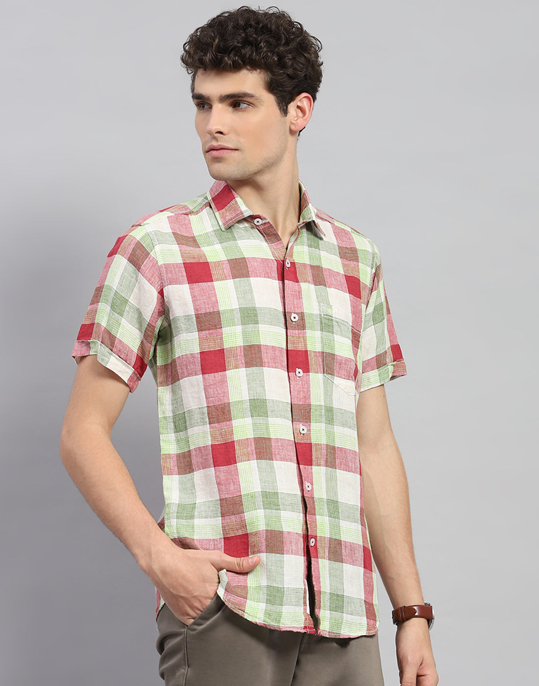 Men Red Check Collar Neck Half Sleeve Linen Shirt