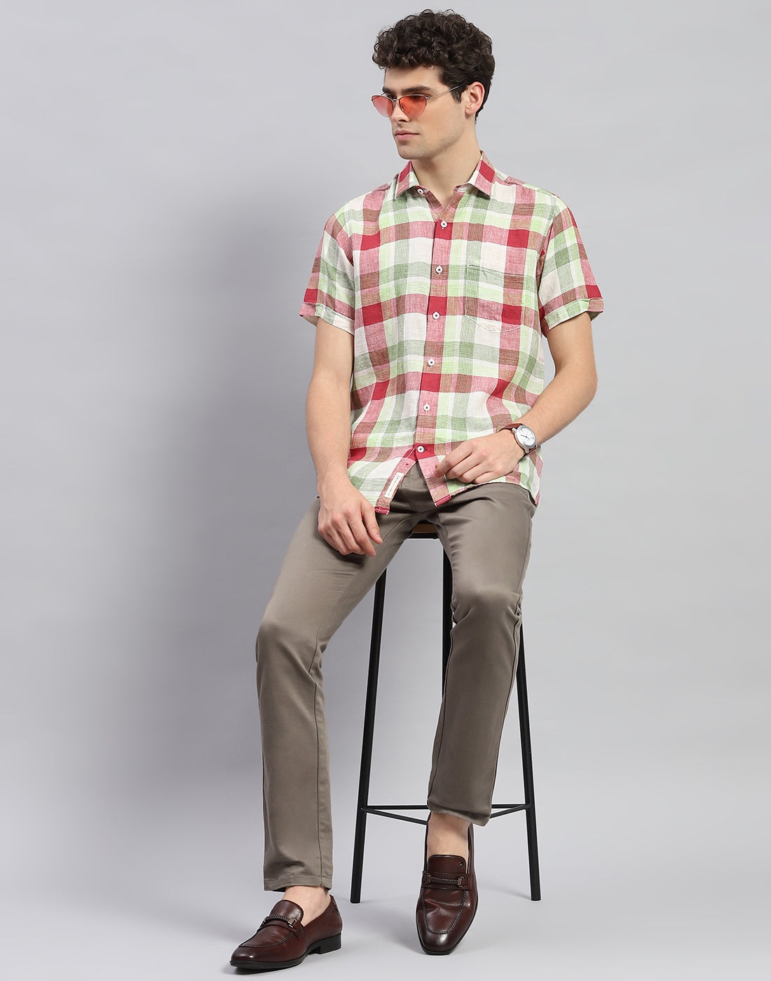 Men Red Check Collar Neck Half Sleeve Linen Shirt