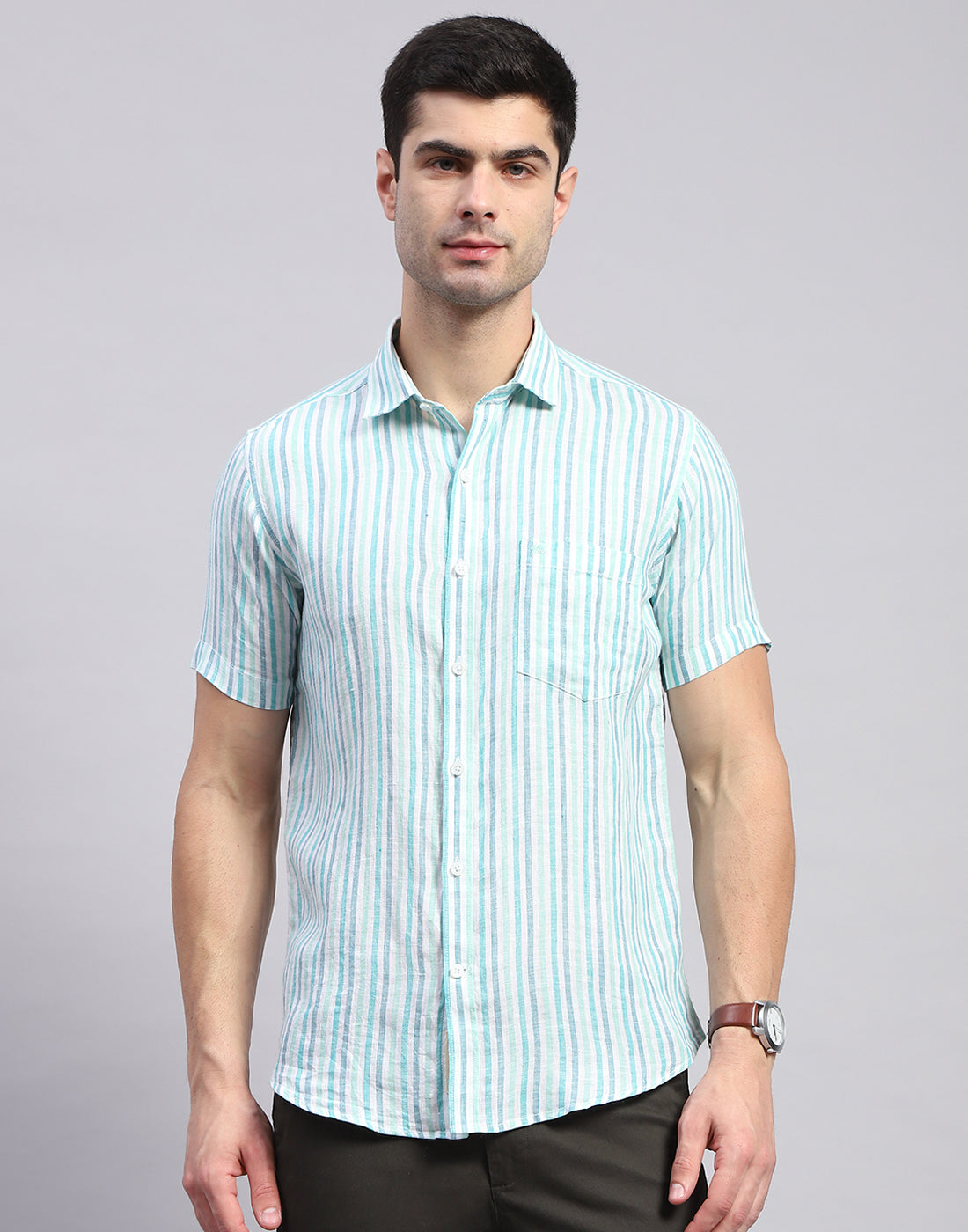 Men Sea Green Stripe Collar Half Sleeve Linen Shirt