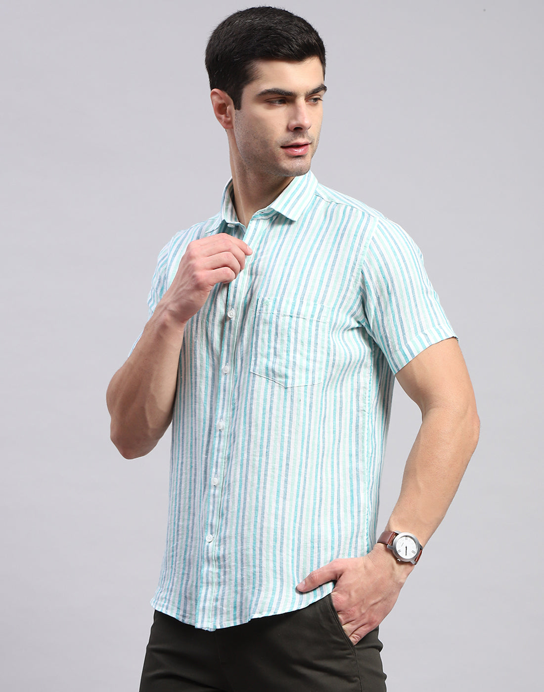 Men Sea Green Stripe Collar Half Sleeve Linen Shirt