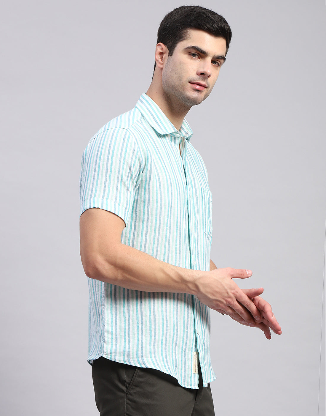 Men Sea Green Stripe Collar Half Sleeve Linen Shirt
