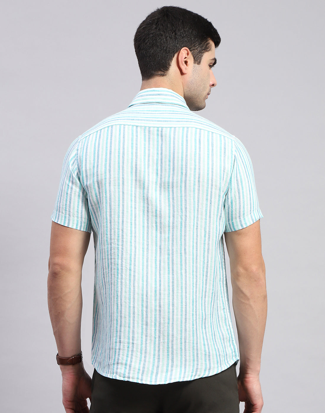 Men Sea Green Stripe Collar Half Sleeve Linen Shirt