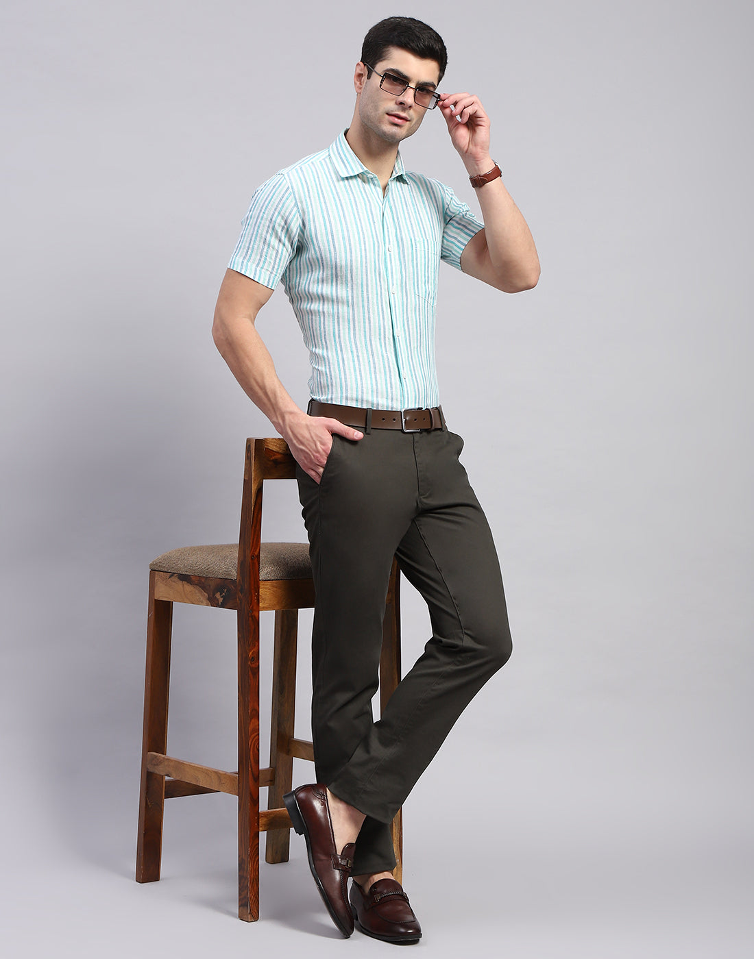 Men Sea Green Stripe Collar Half Sleeve Shirt