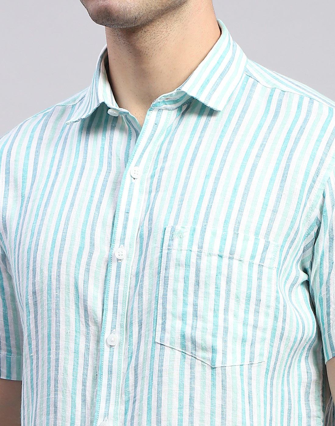 Men Sea Green Stripe Collar Half Sleeve Linen Shirt