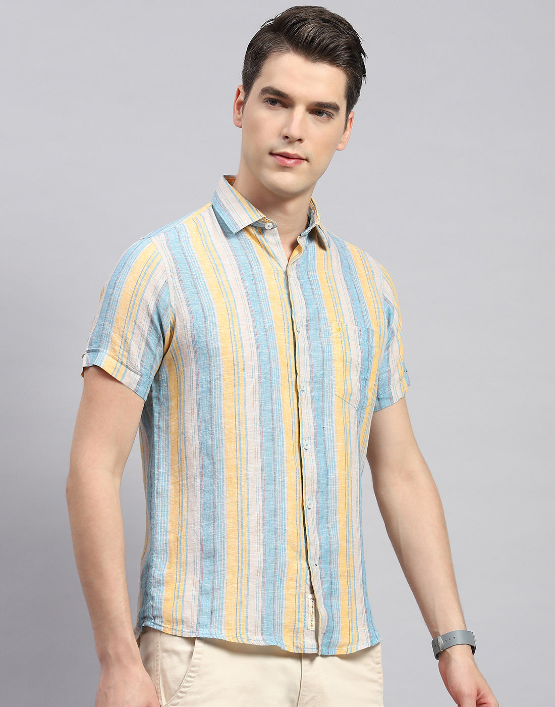 Men Multicolor Stripe Collar Neck Half Sleeve Linen Shirt