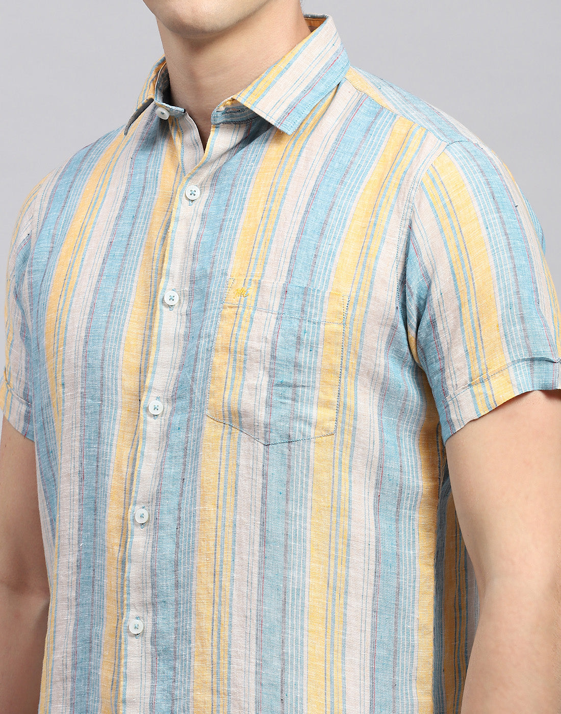 Men Multicolor Stripe Collar Neck Half Sleeve Linen Shirt