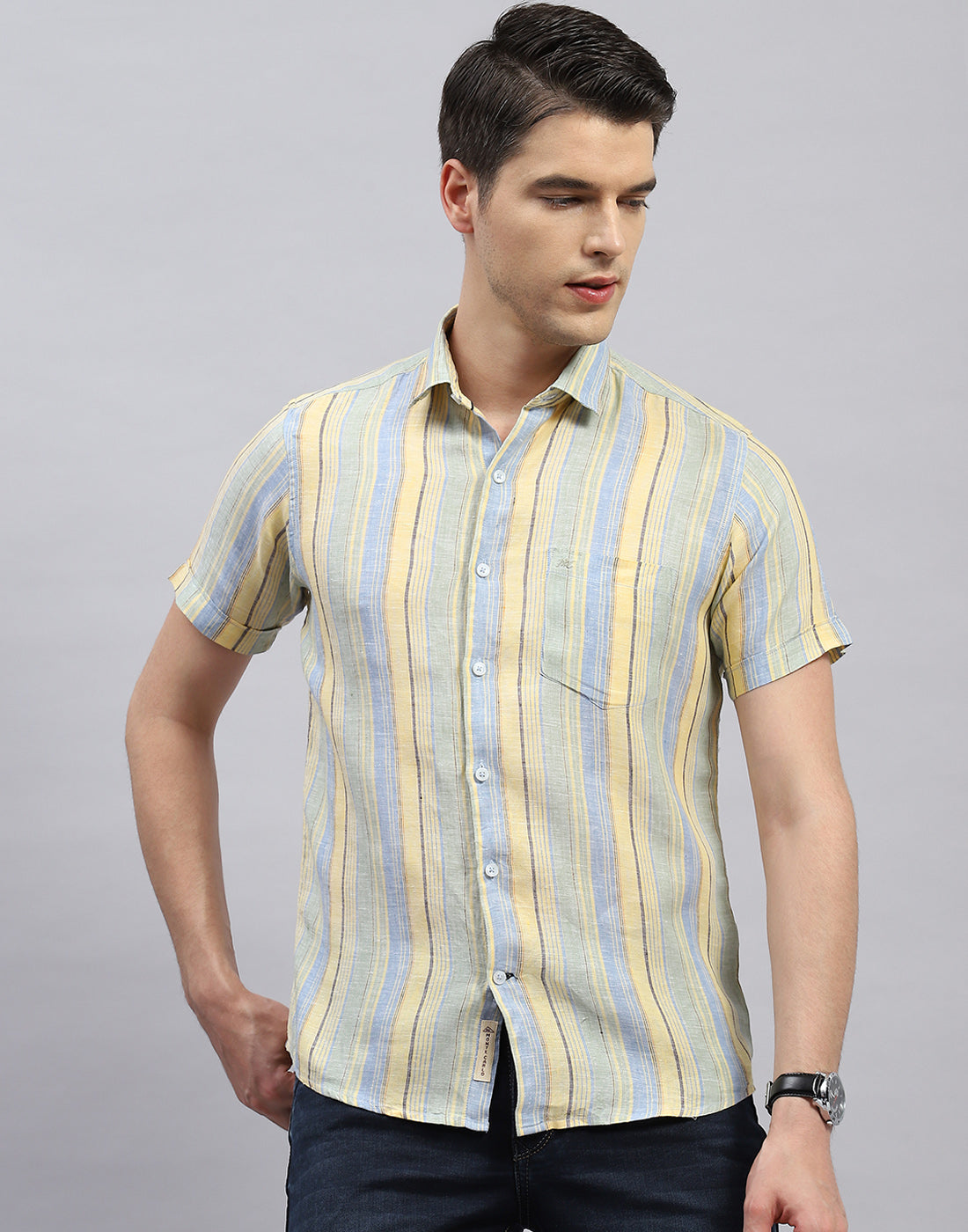 Men Sky Blue Stripe Collar Half Sleeve Linen Shirt