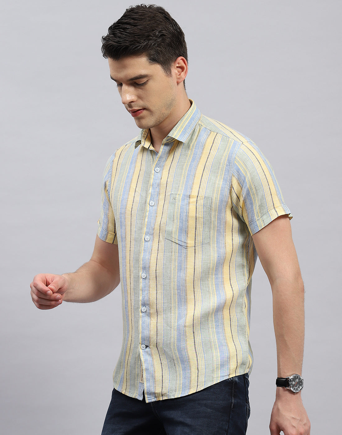 Men Sky Blue Stripe Collar Half Sleeve Linen Shirt