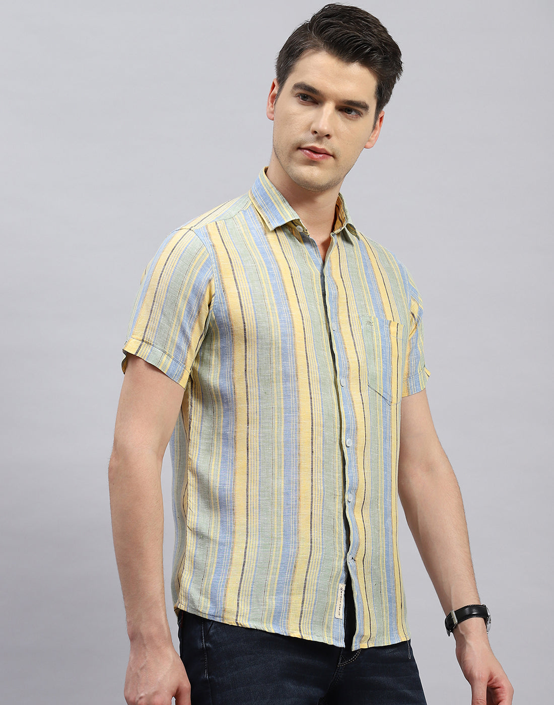 Men Sky Blue Stripe Collar Half Sleeve Linen Shirt