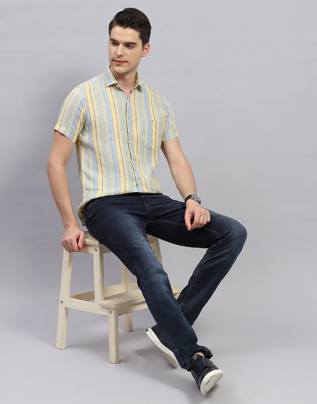 Men Sky Blue Stripe Collar Half Sleeve Linen Shirt