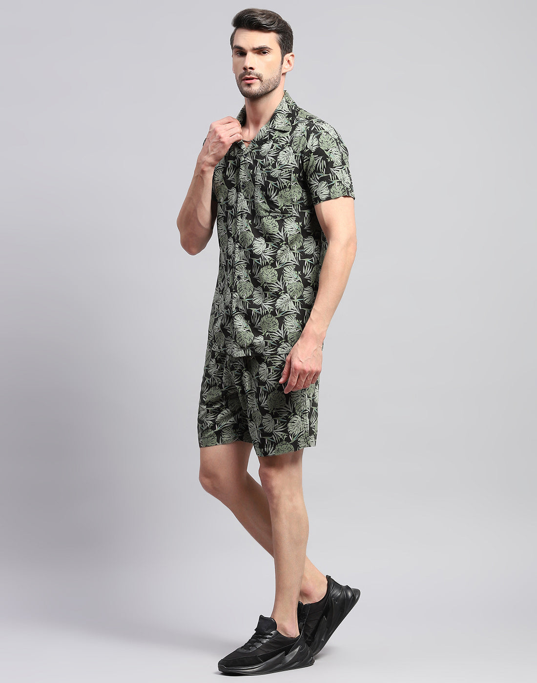 Men Green Printed Collar Neck Half Sleeve Cords Set