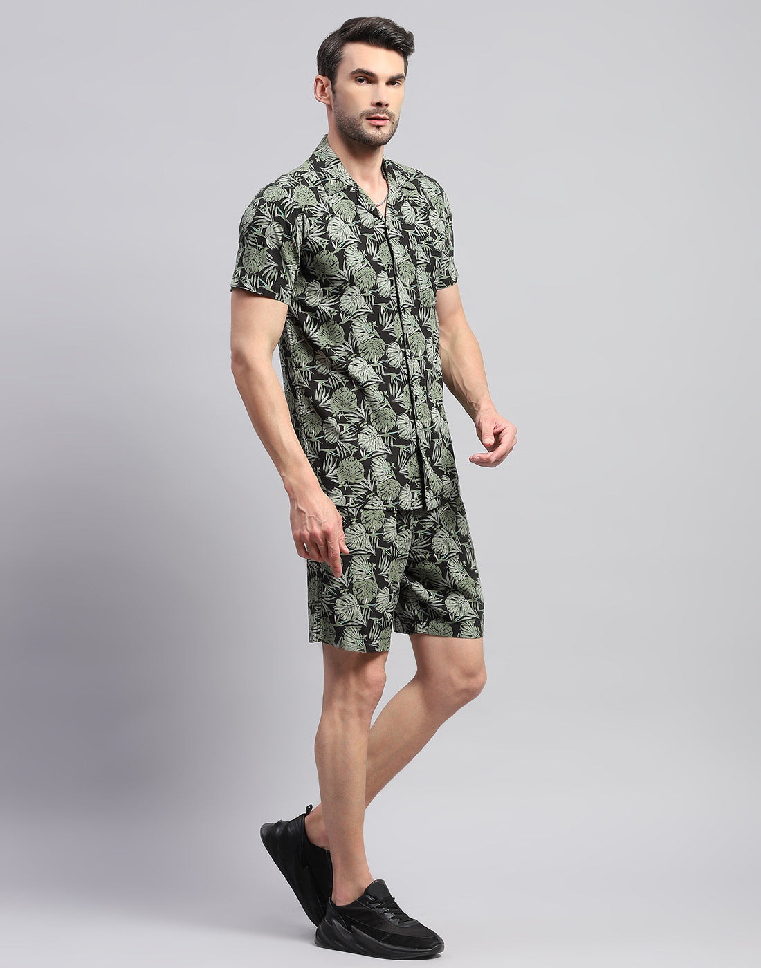 Men Green Printed Collar Neck Half Sleeve Cords Set