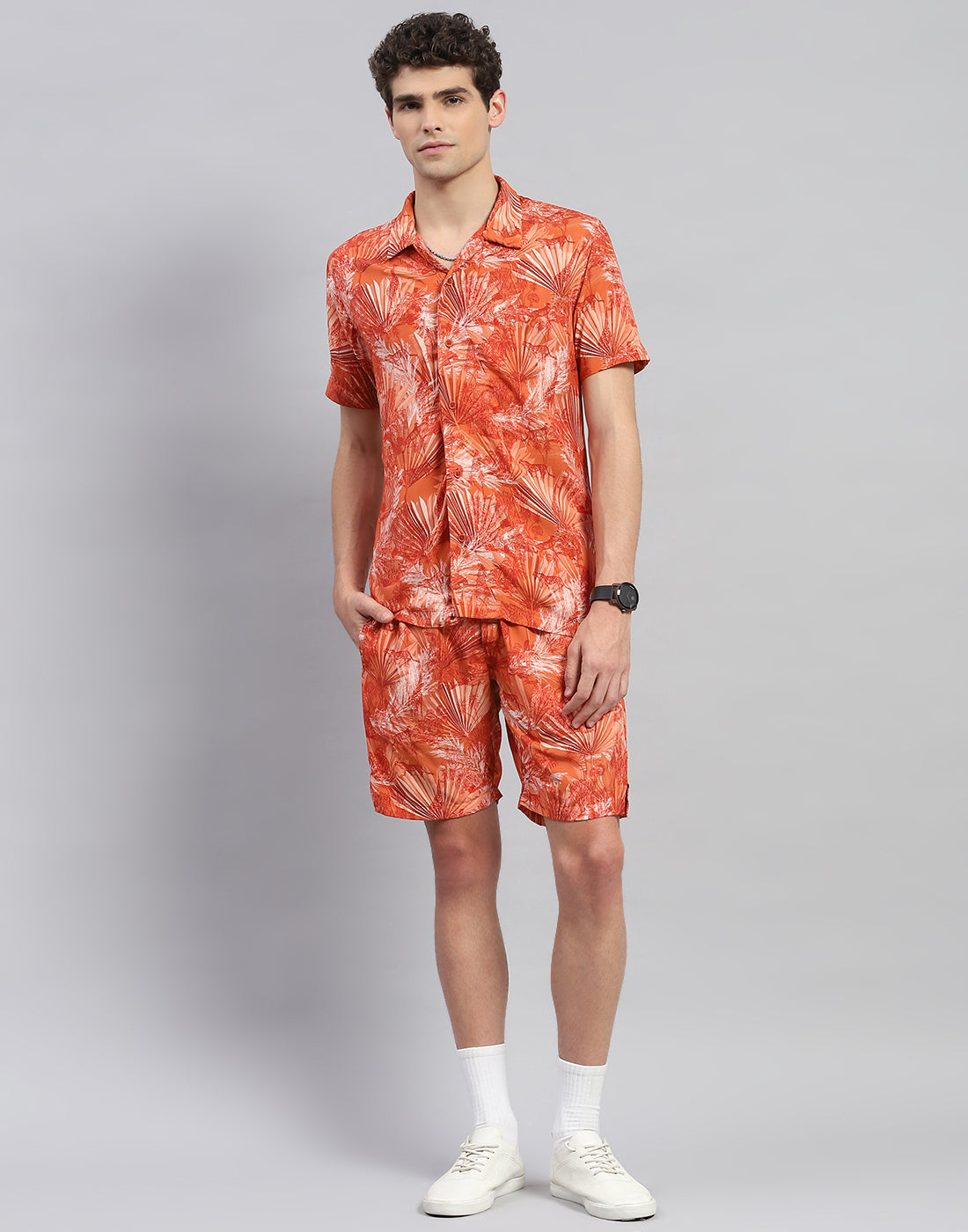 Men Orange Floral Print Round Neck Half Sleeve Cords Set