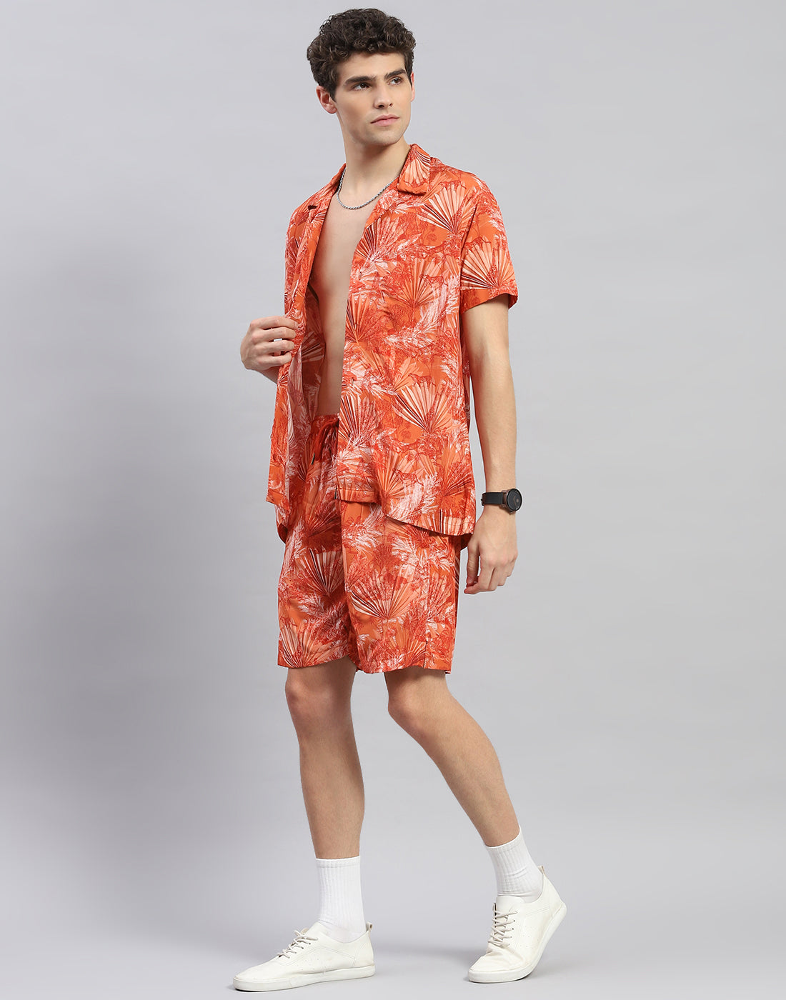 Men Orange Floral Print Round Neck Half Sleeve Cords Set