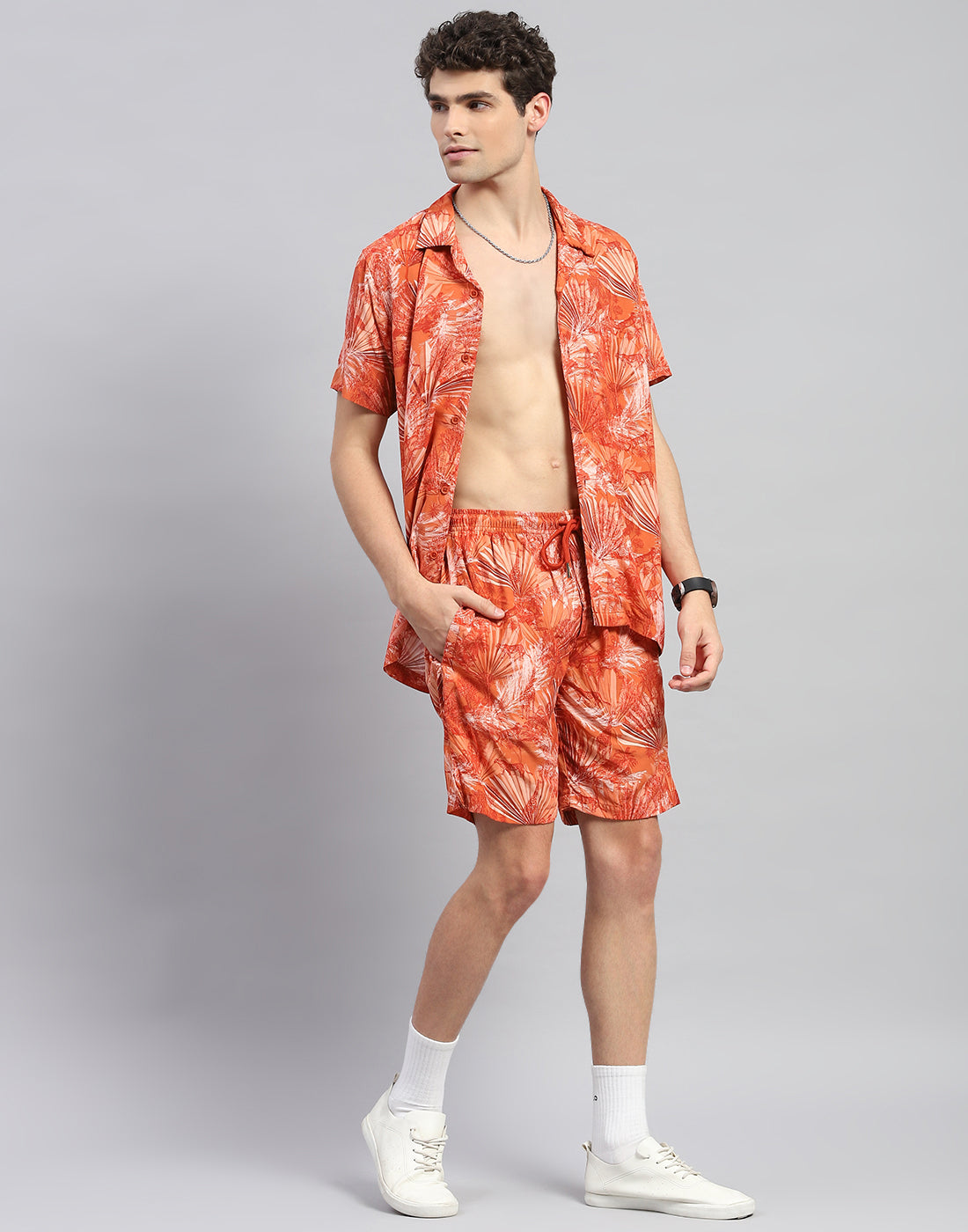 Men Orange Floral Print Round Neck Half Sleeve Cords Set