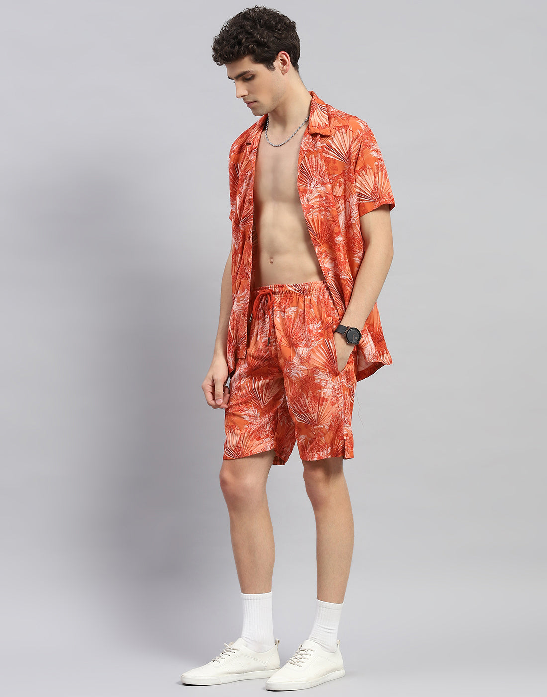 Men Orange Floral Print Round Neck Half Sleeve Cords Set