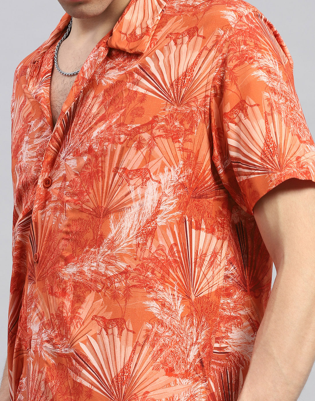 Men Orange Floral Print Round Neck Half Sleeve Cords Set