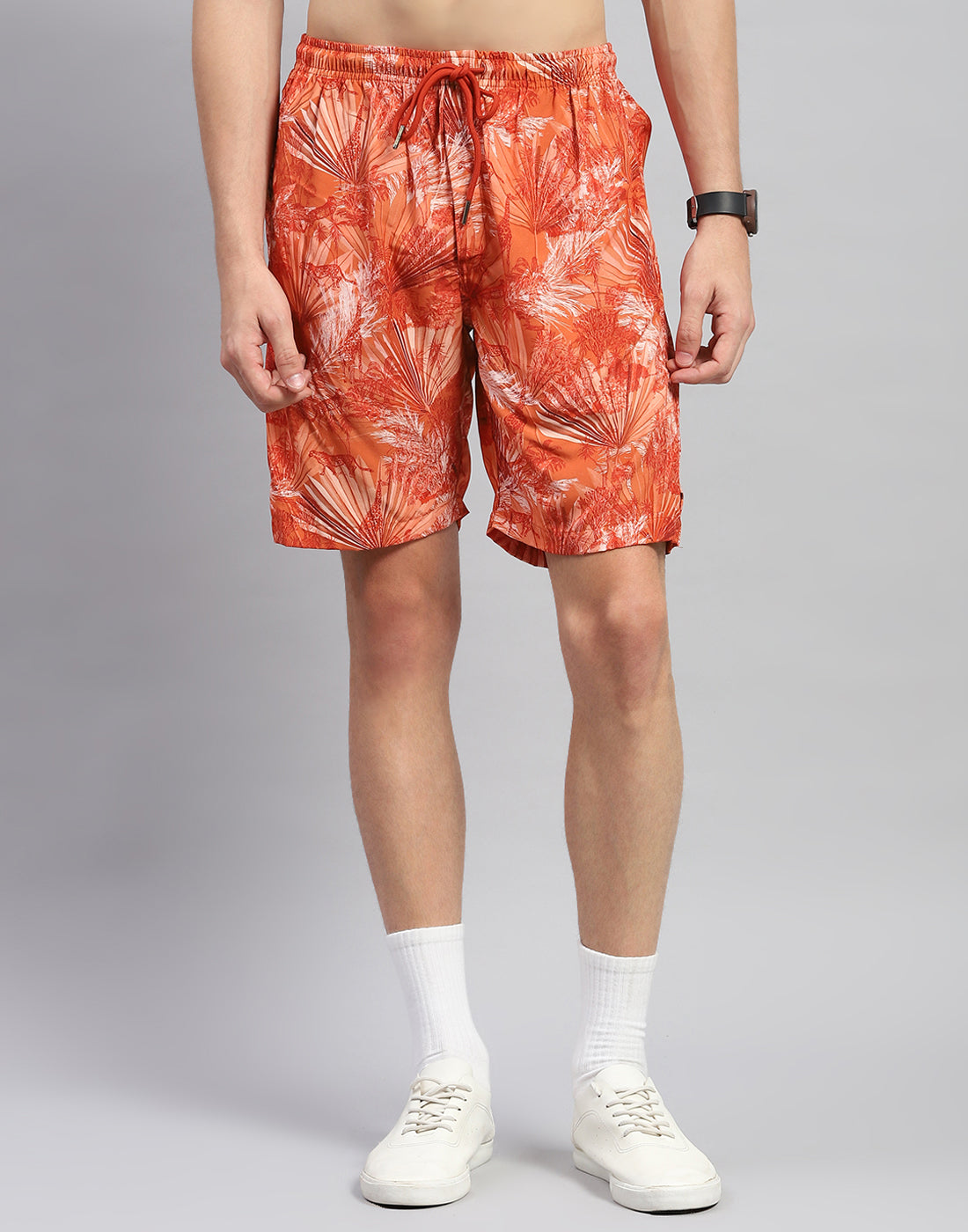 Men Orange Floral Print Round Neck Half Sleeve Cords Set