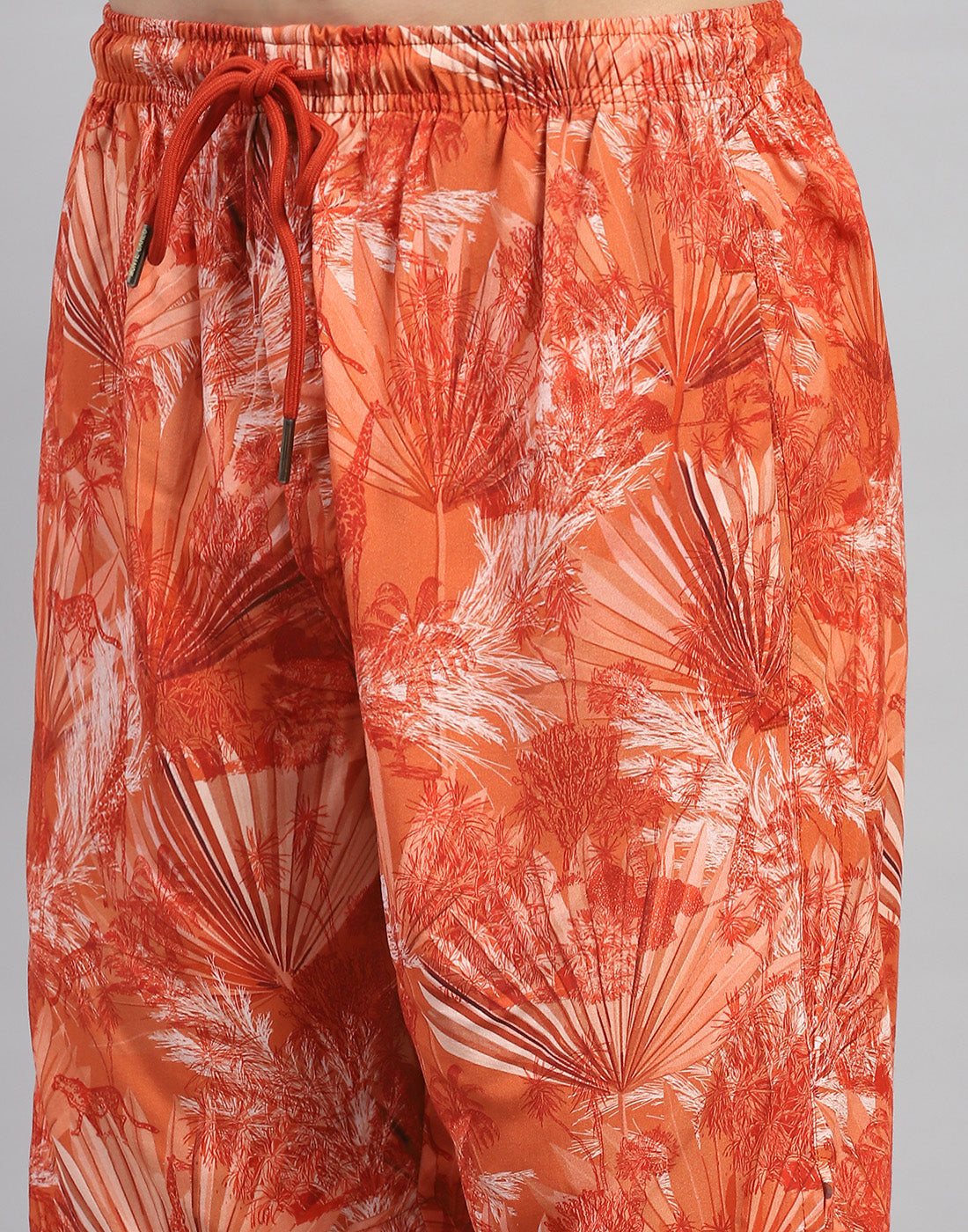 Men Orange Floral Print Round Neck Half Sleeve Cords Set