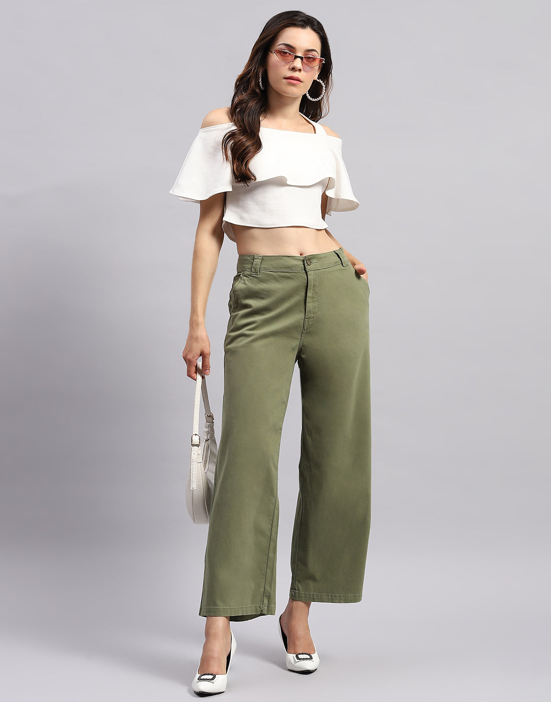 Women Olive Solid Wide Leg Trouser