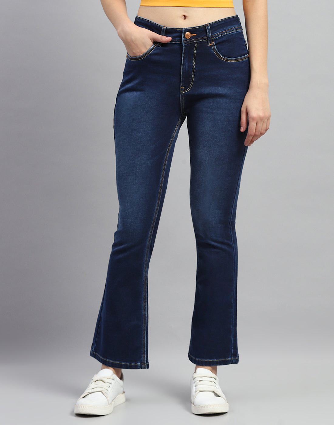 Women Dark Blue Light Wash Bootcut Denim