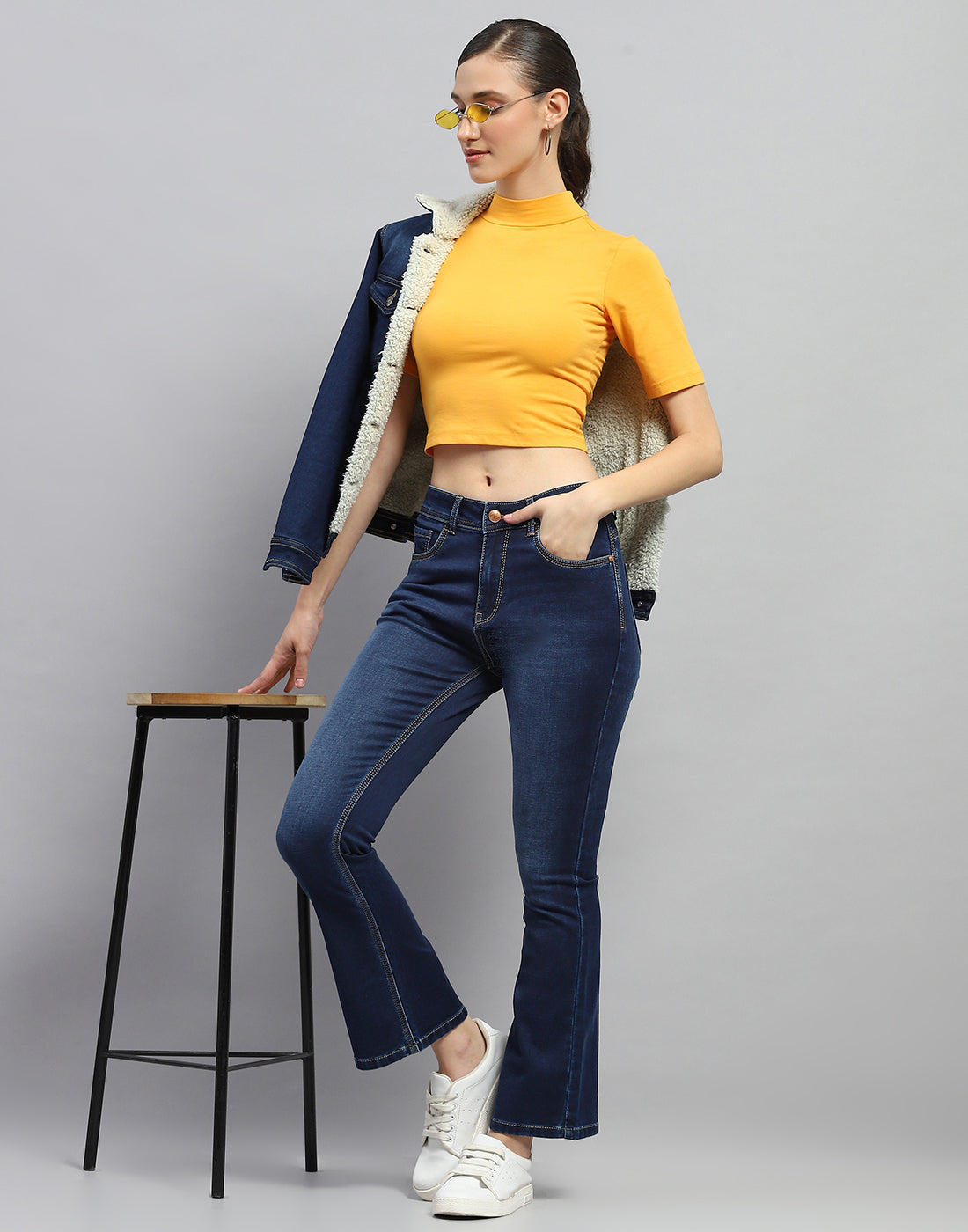 Women Dark Blue Light Wash Bootcut Denim