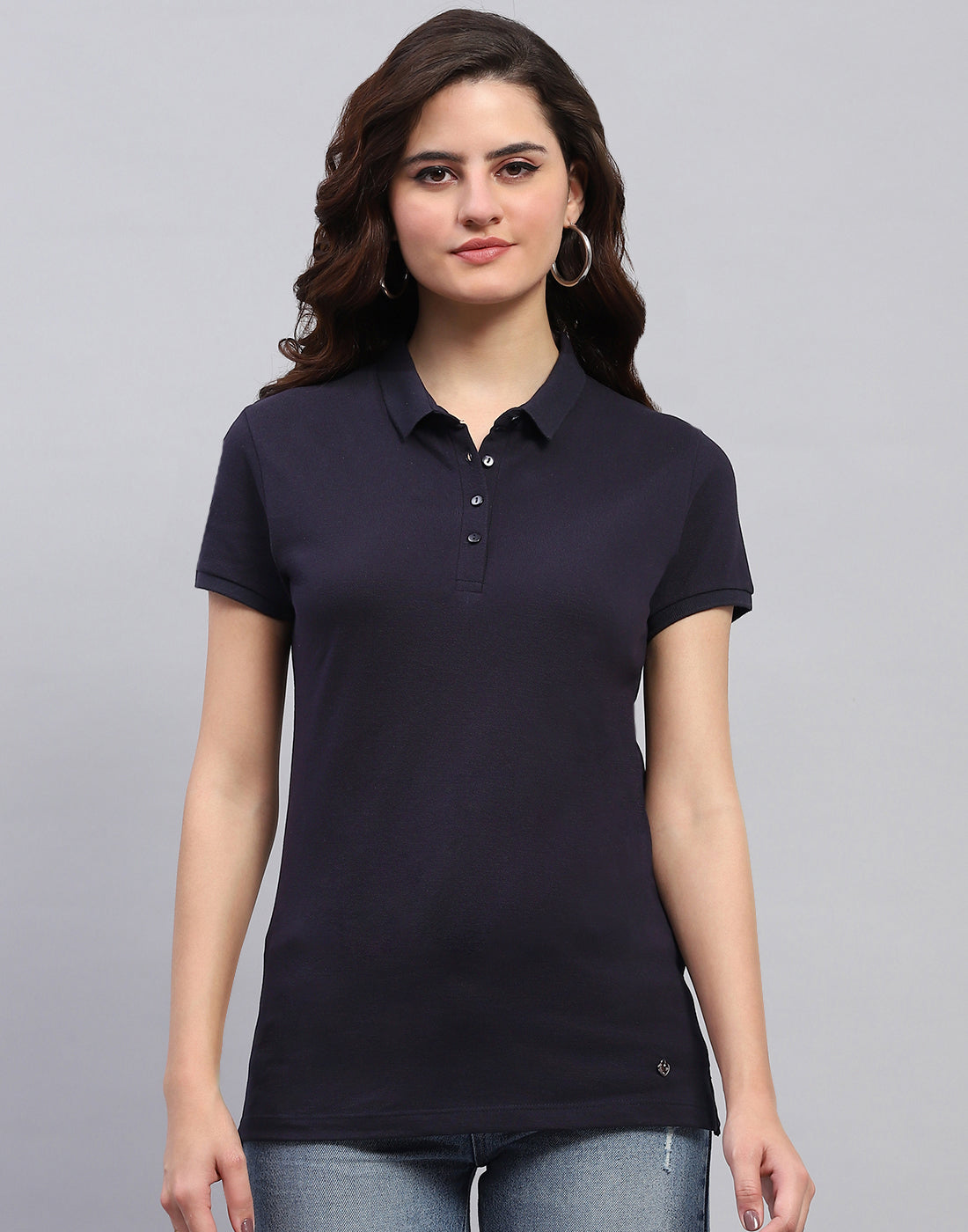 Women Blue Solid Collar Half Sleeve T-Shirt