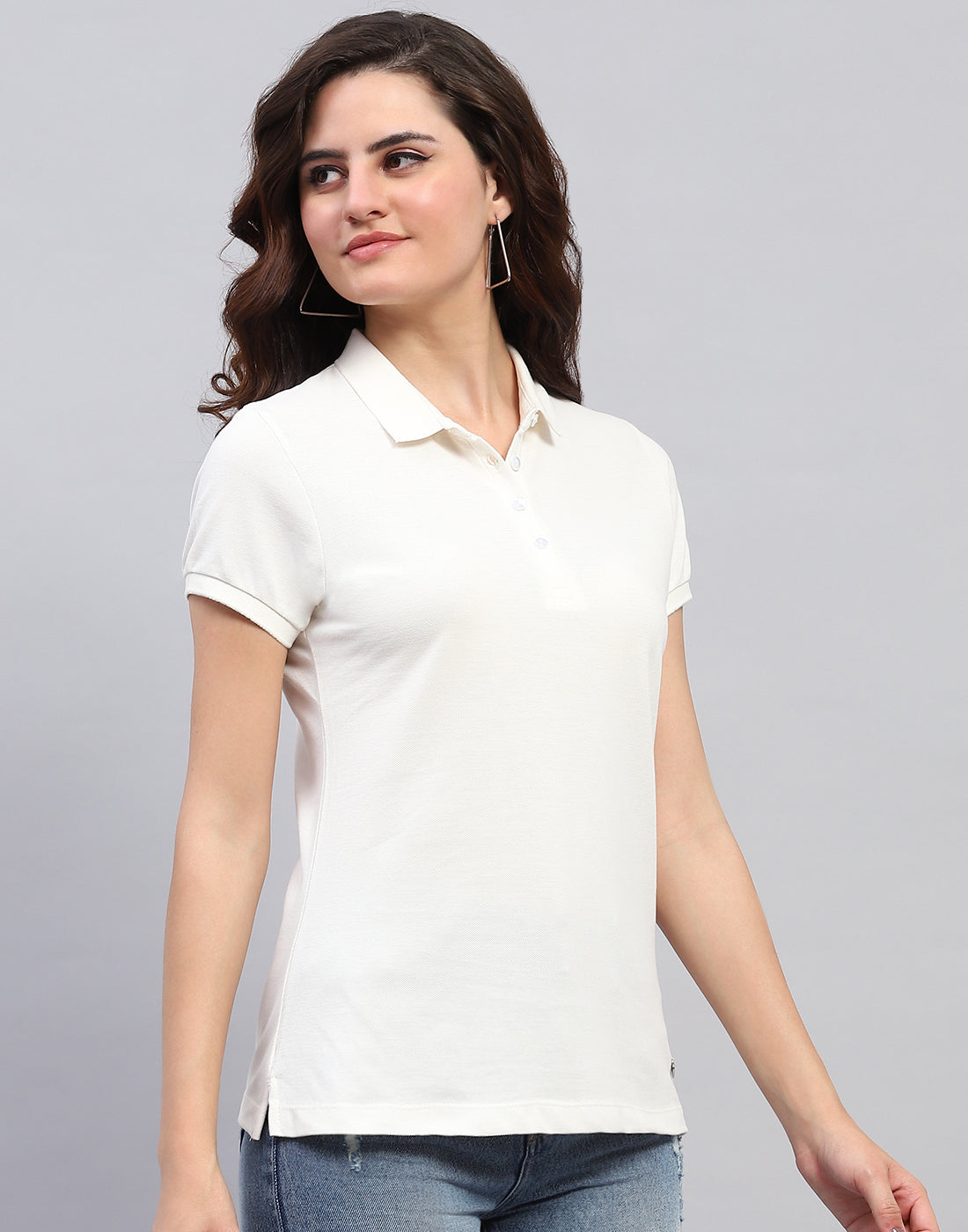 Women Off White Solid Collar Half Sleeve T-Shirt