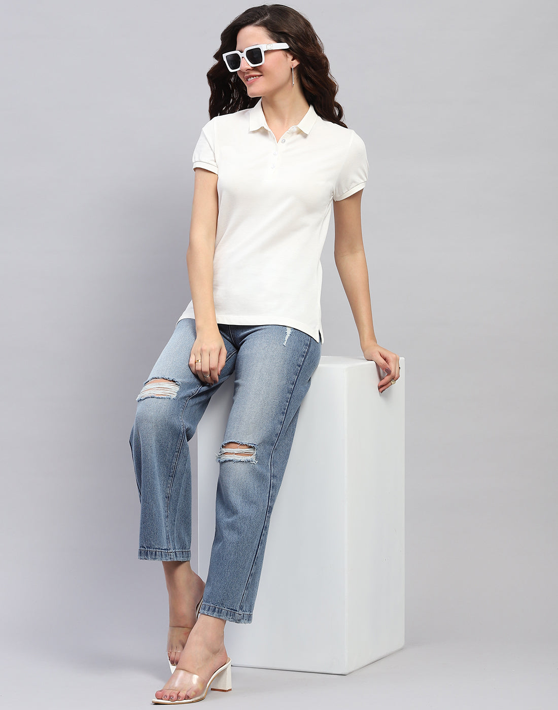 Women Off White Solid Collar Half Sleeve T-Shirt