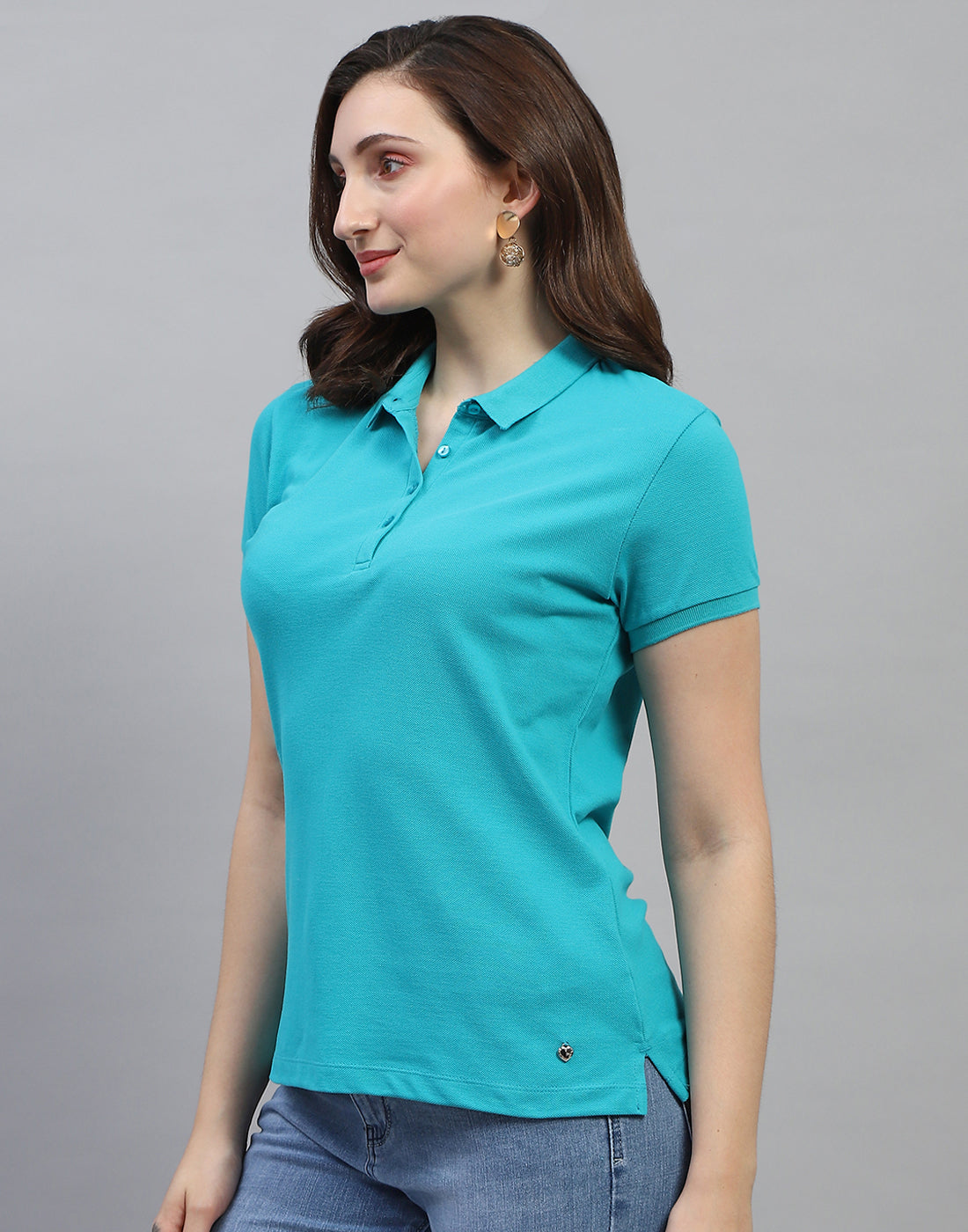 Women Turquoise Blue Solid Collar Neck Half Sleeve T Shirt