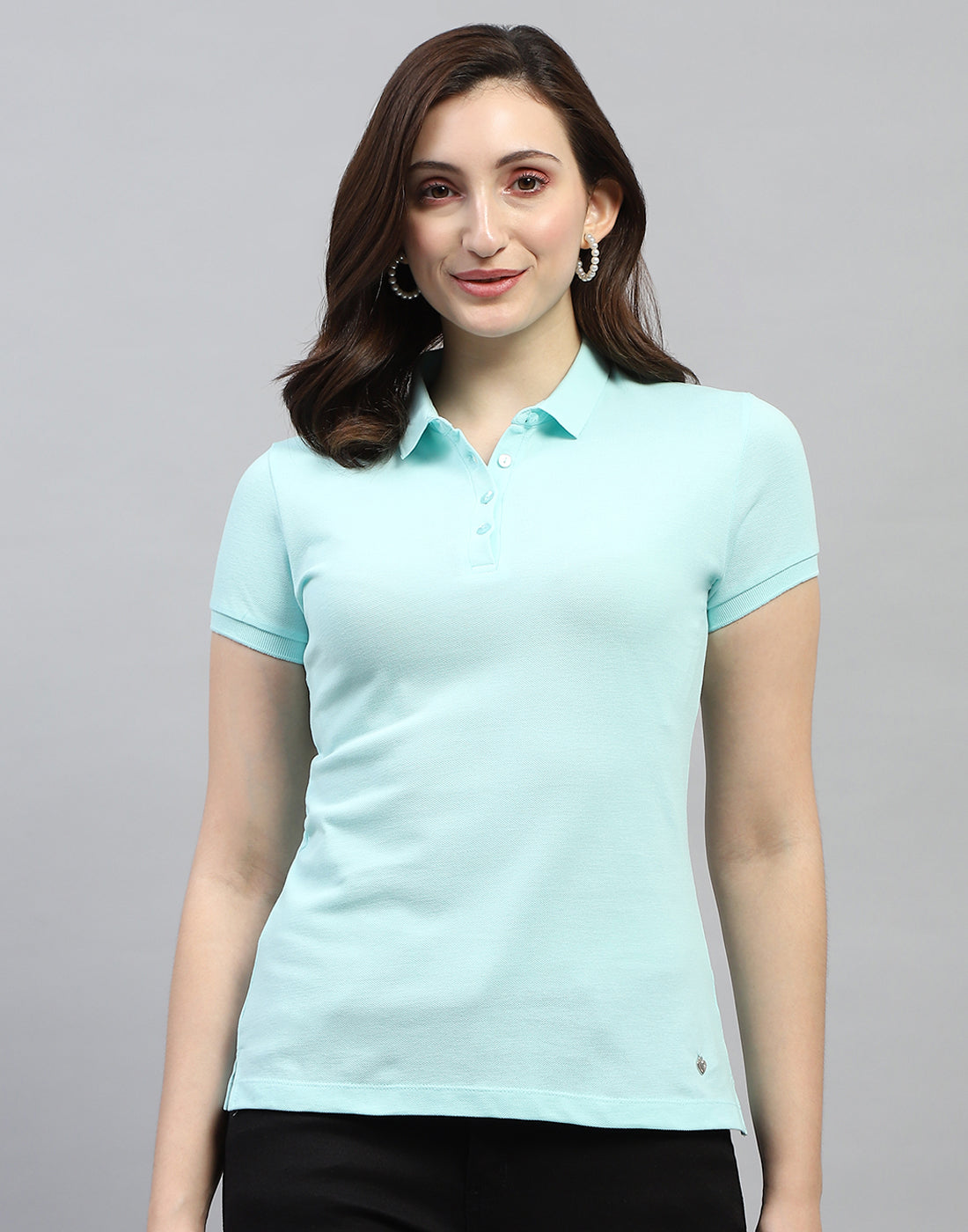 Women Aqua Blue Solid Polo Collar Half Sleeve T Shirt