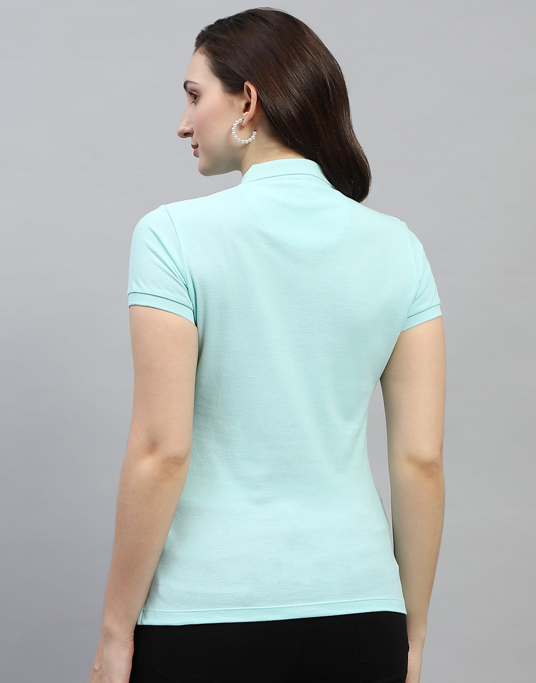 Women Aqua Blue Solid Polo Collar Half Sleeve T Shirt