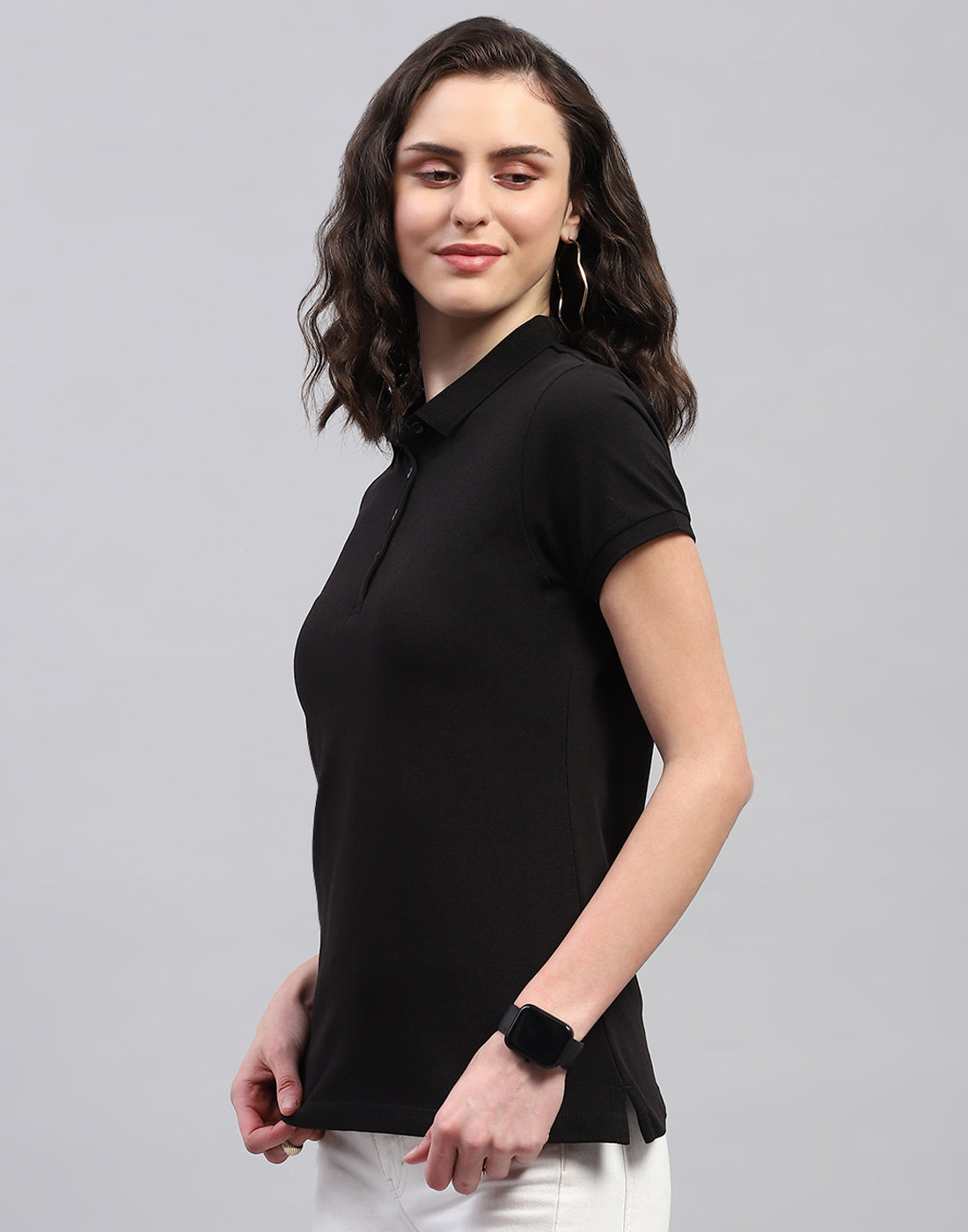 Women Black Solid Polo Collar Half Sleeve T Shirt