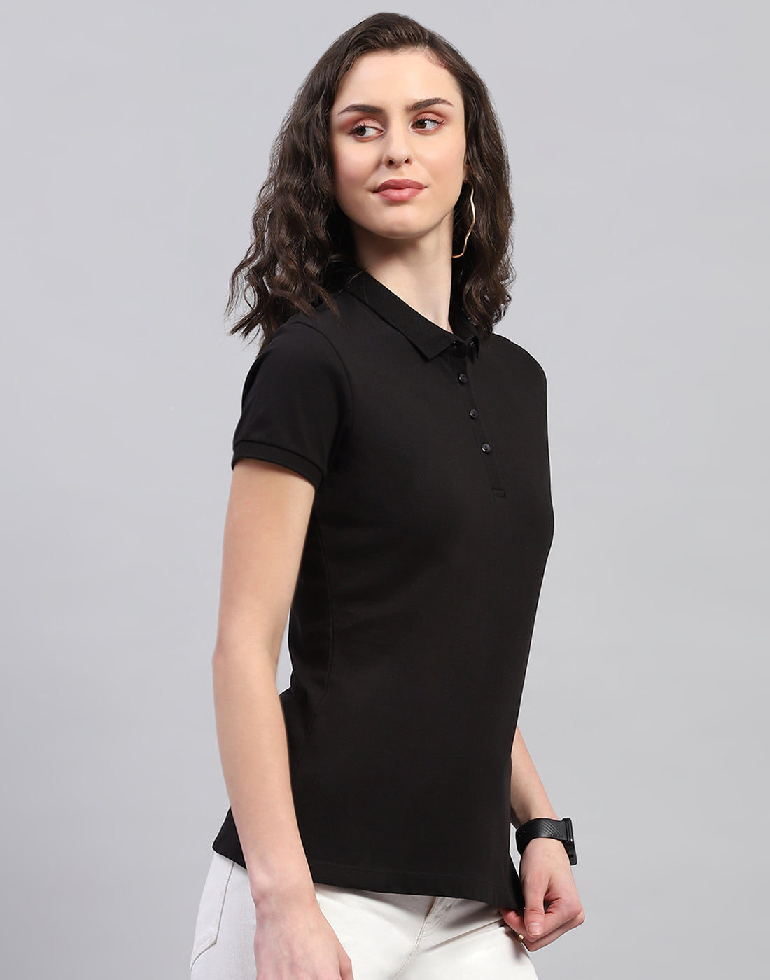 Women Black Solid Polo Collar Half Sleeve T Shirt