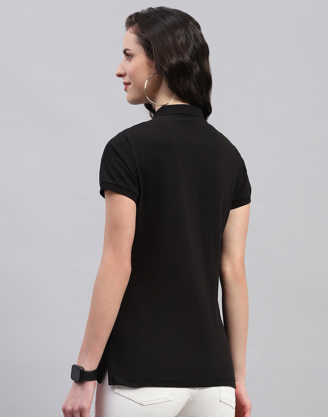 Women Black Solid Polo Collar Half Sleeve T Shirt