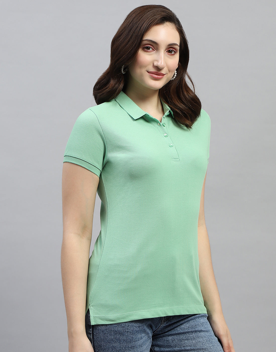 Women Green Solid Polo Collar Half Sleeve T Shirt