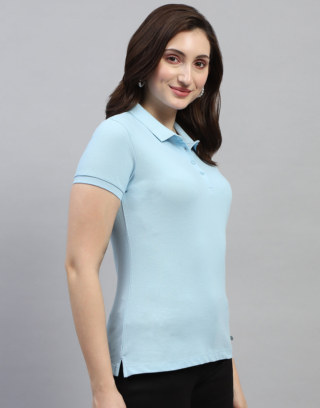 Women Sky Blue Solid Polo Collar Half Sleeve T Shirt