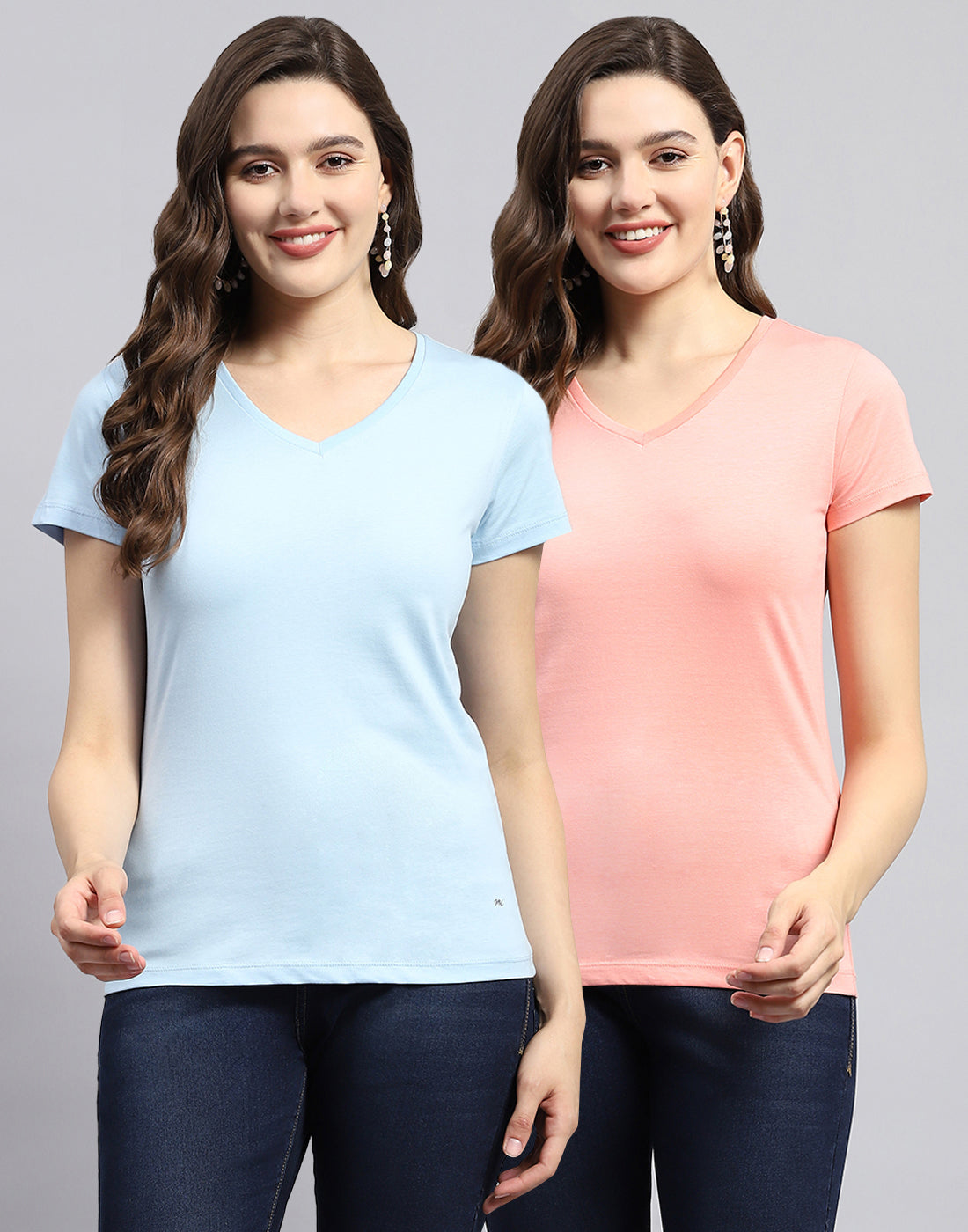 Women Pink & Blue Solid V Neck Half Sleeve Top (Pack of 2)