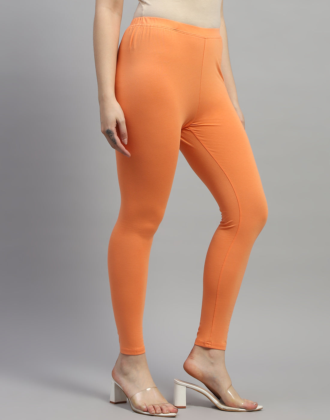Women Orange Solid Regular Fit Legging