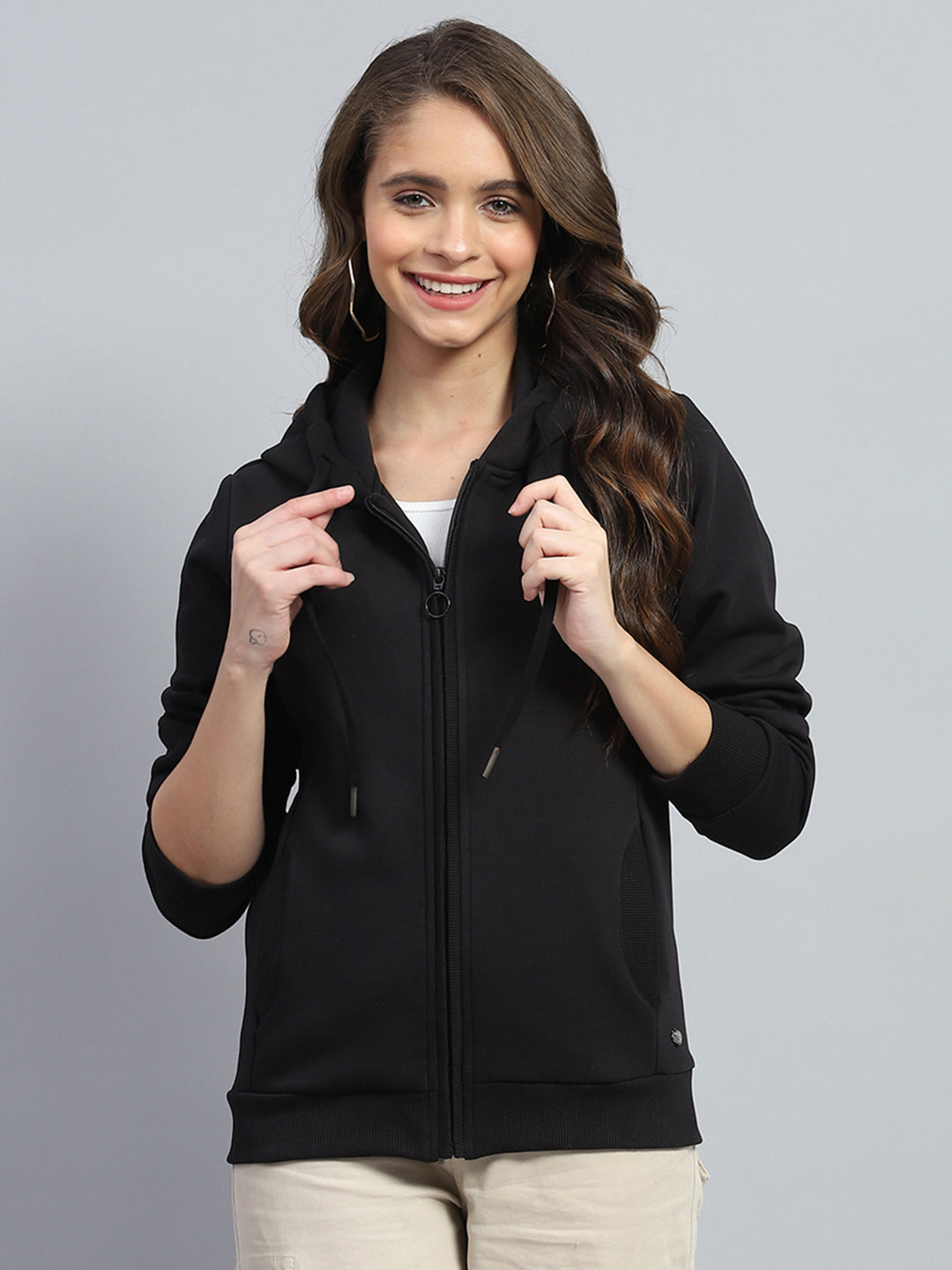 Women Black Solid Hooded Full Sleeve Sweatshirt