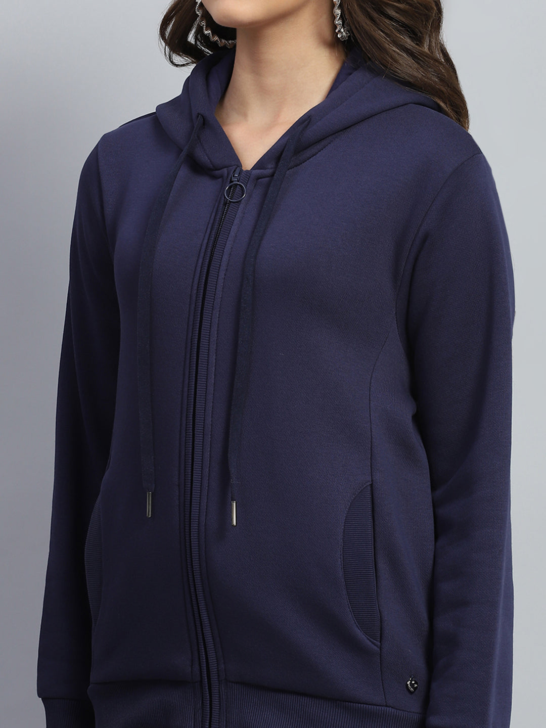 Women Blue Solid Hooded Full Sleeve Sweatshirt