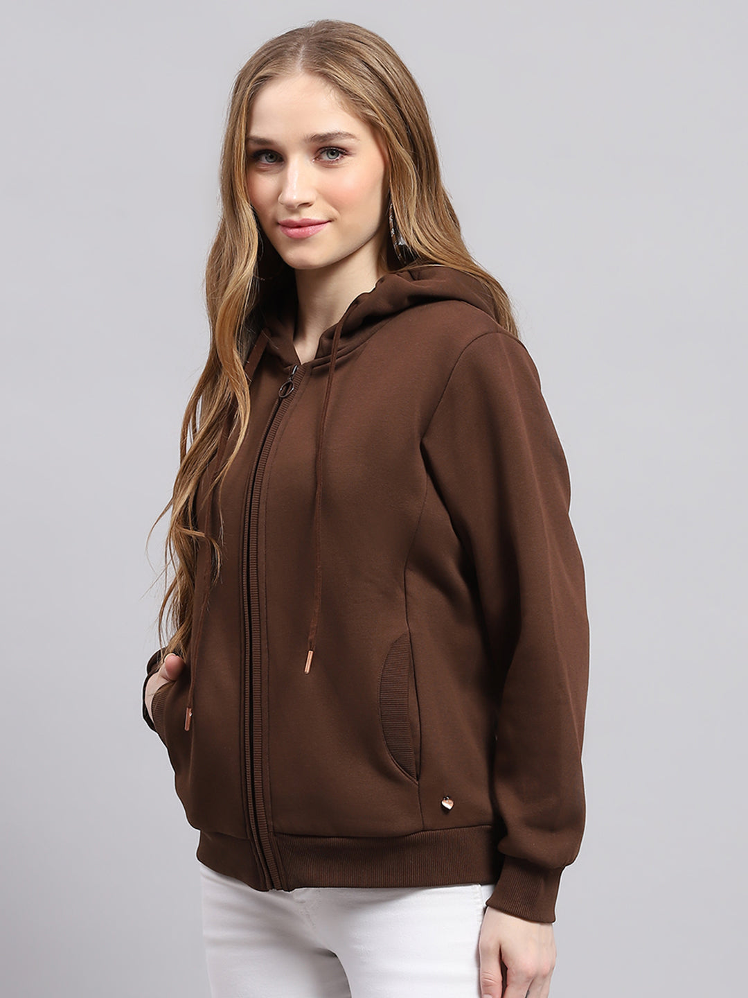 Women Brown Solid Hooded Full Sleeve Sweatshirt