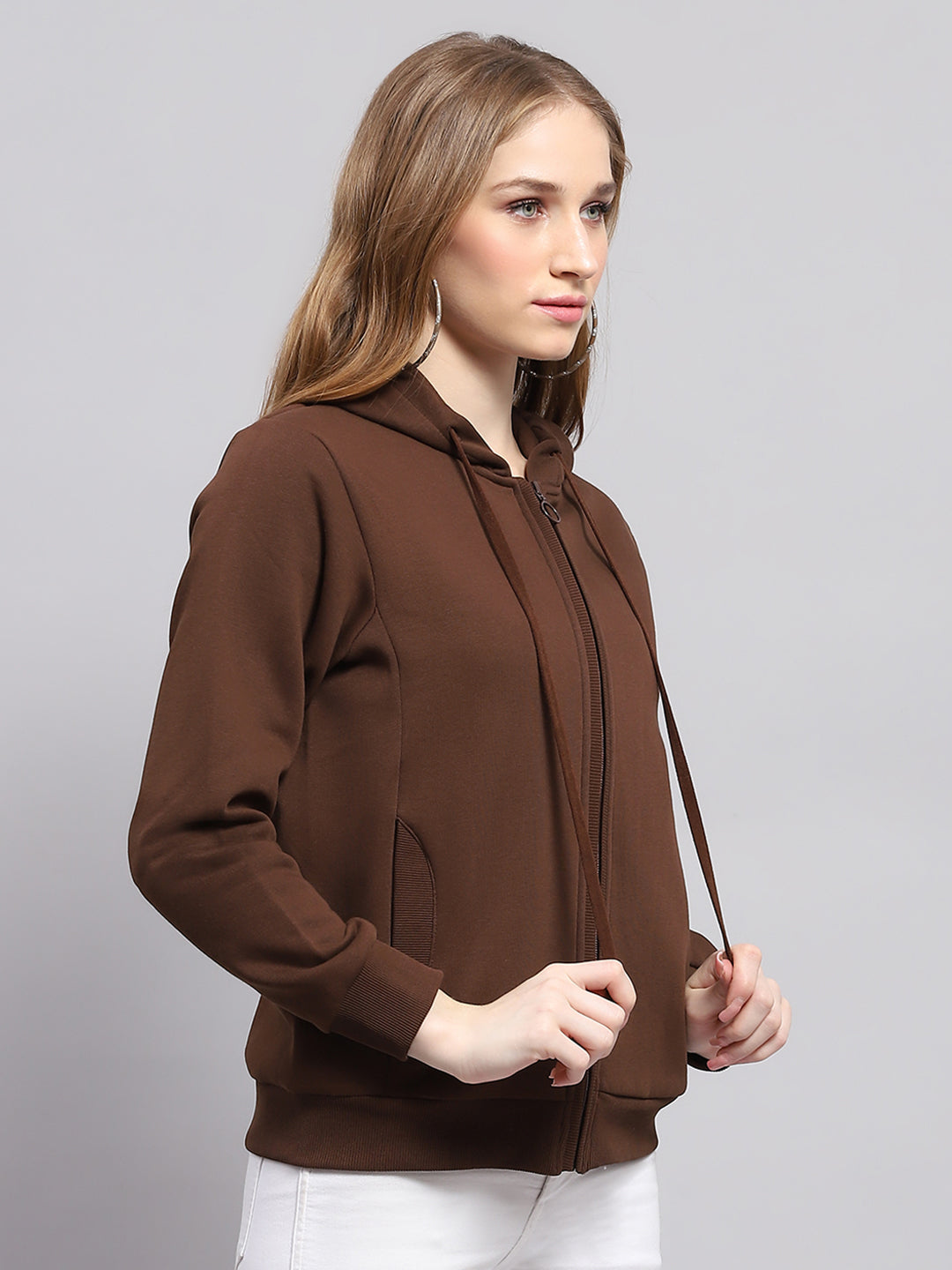 Women Brown Solid Hooded Full Sleeve Sweatshirt