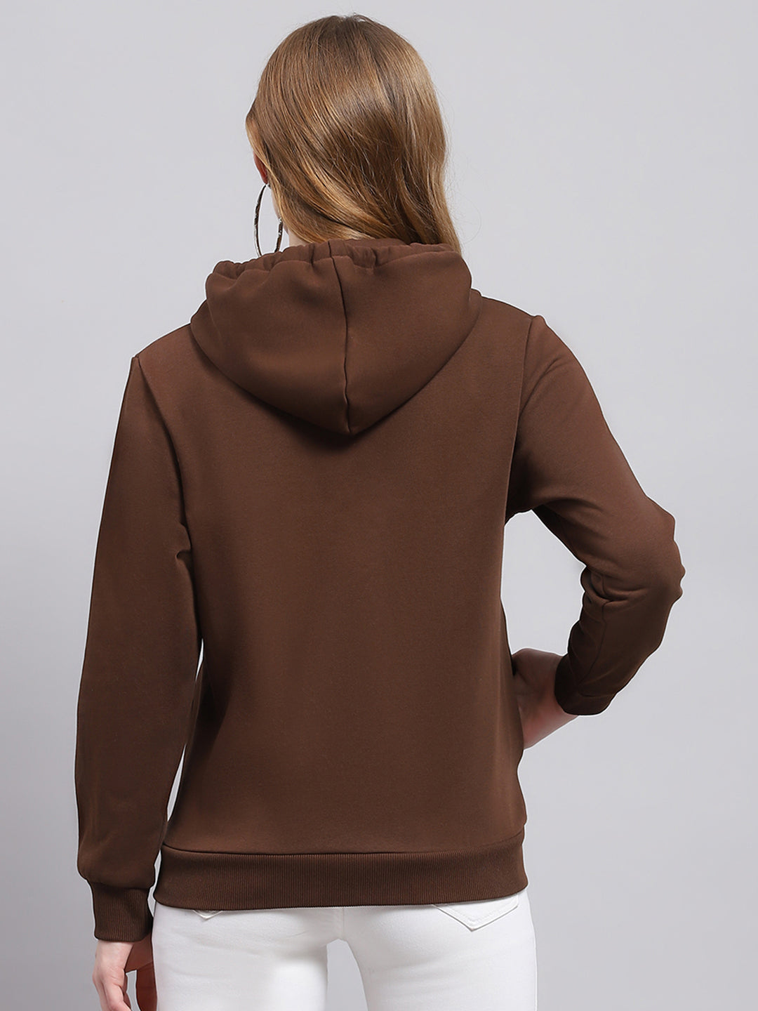 Women Brown Solid Hooded Full Sleeve Sweatshirt
